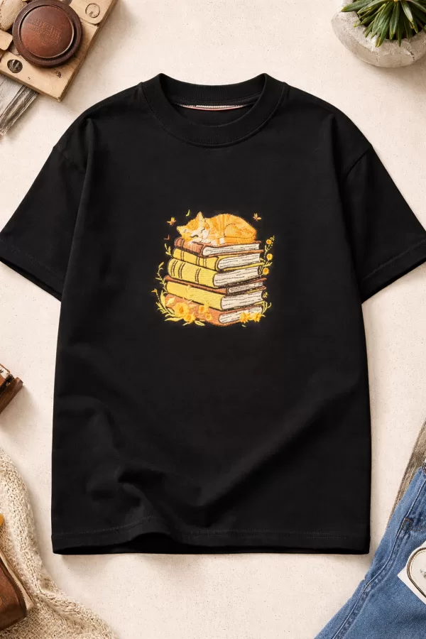 Drop Shoulder-Sleeping Cat on Books