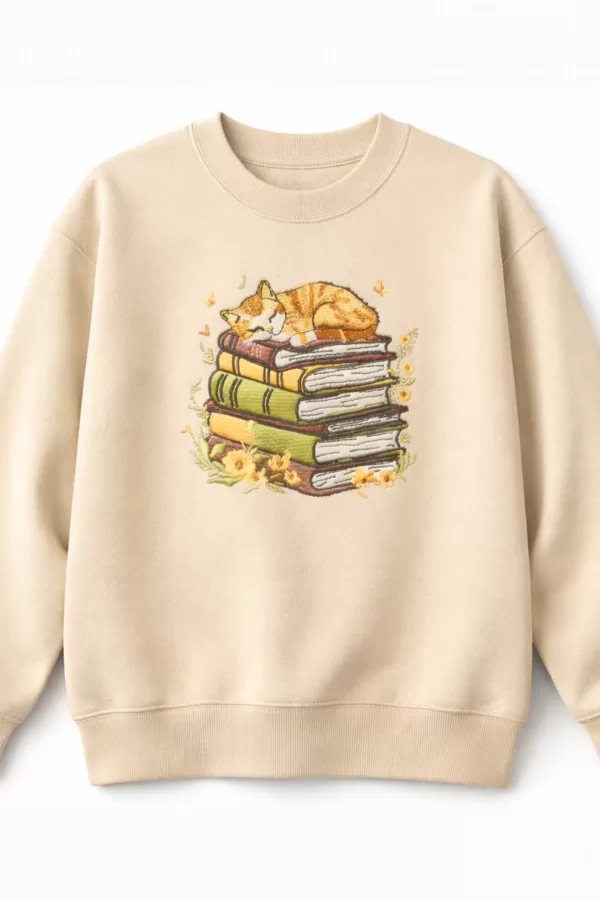 Sweatshirt-Sleeping Cat on Books